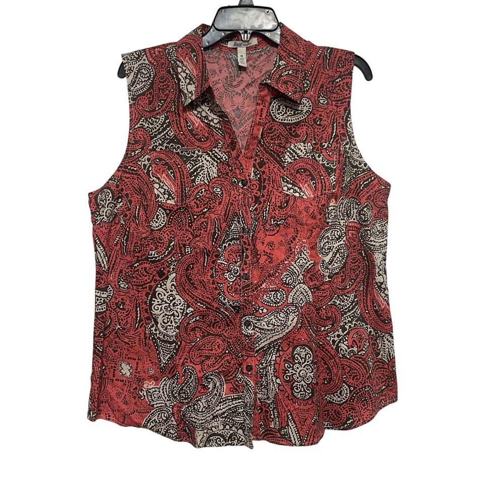 Bass Paisley Sleeveless Button Up Shirt Top Blouse XL Coral Black Casual